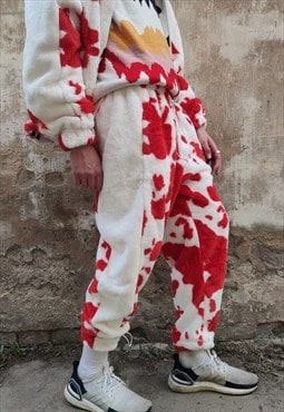 Cow fleece joggers handmade animal print overalls in red