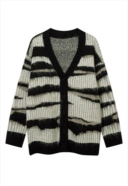 Fluffy striped cardigan fuzzy zebra jumper knitted top grey