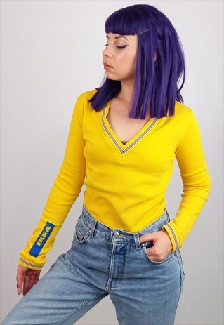 IKEA VINTAGE V-NECK LONG-SLEEVE TOP / SWEATSHIRT YELLOW BLUE