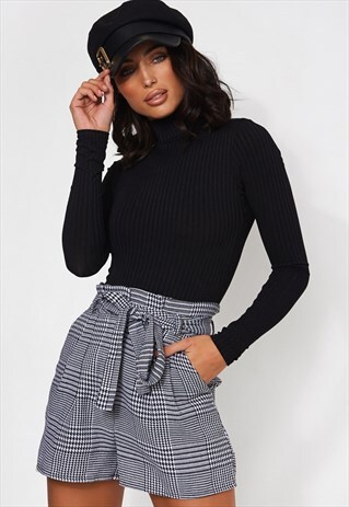 BLACK & WHITE CHECK PRINT PAPER BAG SHORTS