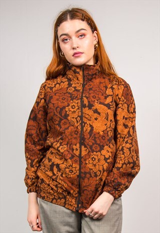 VINTAGE 90'S BROWN FLORAL PATTERN BOMBER JACKET