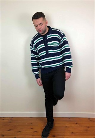 VINTAGE 90S PAUL & SHARK QUARTER BUTTON STRIPED JUMPER L