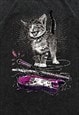 CAT T-SHIRT GUITAR PRINT TOP VINTAGE WASH RETRO KITTY TEE