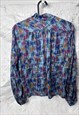 RETRO BLUE PRINTED BLOUSE WITH BOW NECK 