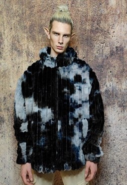 Tie-dye fleece jacket reversible faux fur gradient jacket 