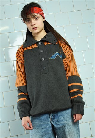 VINTAGE 90S LOGO KNIT MULTICOLOR JUMPER PULLOVER GREY