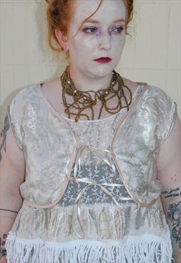 Silver Pink Shiny Crop Waistcoat W Ribbons Fairy Grunge L/XL
