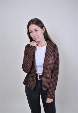 HOUNDSTOOTH BROWN BLAZER, WOMEN BOHO JACKET, SIZE L