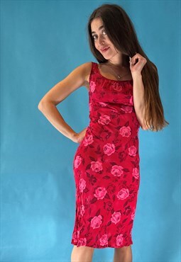Vintage 1980s Style Red Floral Print Square Neck Midi Dress