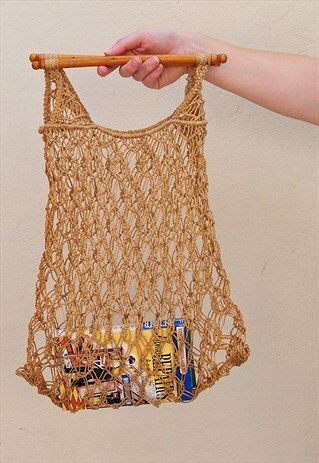 VINTAGE MACRAME CROCHET STRING WOODEN HANDLES TOTE BAG