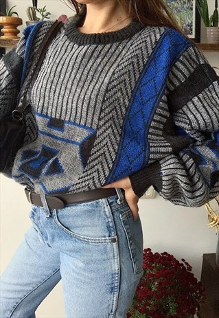 VINTAGE 80S UNISEX ABSTRACT KNIT JUMPER SWEATER PULLOVER
