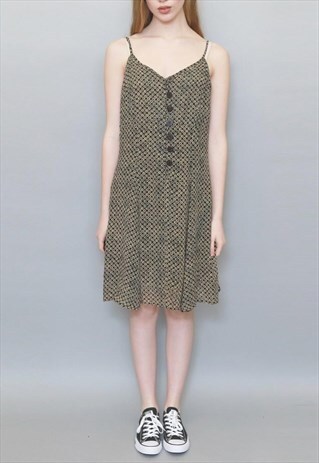 VINTAGE 1990'S BLACK AND BEIGE SPOTTY PRINT MIDI DRESS