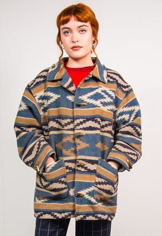 VINTAGE 90'S BROWN AZTEC PATTERN COAT JACKET