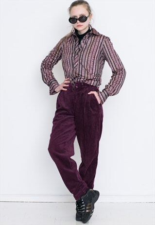 VINTAGE CORDUROY PURPLE HIGH WAIST RETRO TROUSERS
