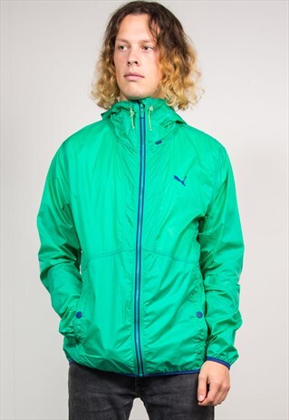 PUMA 90'S VINTAGE GREEN HOODED CAGOULE WINDBREAKER JACKET