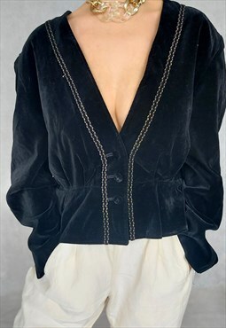 1980's Vintage Black Velvet Jacket, Medium Size
