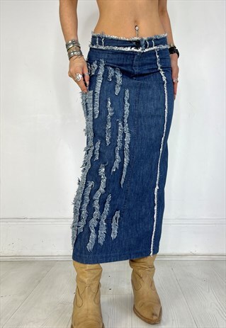 VINTAGE Y2K SKIRT DENIM MAXI DISTRESSED LONG BOHO 90S FRAYED