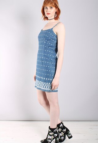 VINTAGE 90S DENIM EMBROIDERED FITTED STRAPPY DRESS