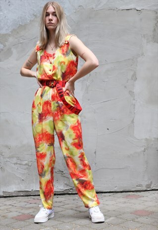 VINTAGE 80'S ABSTRACT PATTERN SLEEVELESS JUMPSUIT