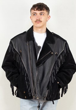 Vintage 80's Men Biker Fringe Jacket in Black