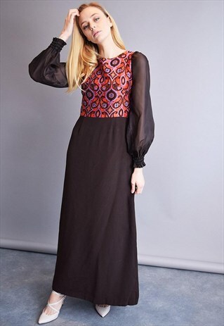 VINTAGE 70'S RETRO MOD ABSTRACT COMBINED ELEGANT MAXI DRESS