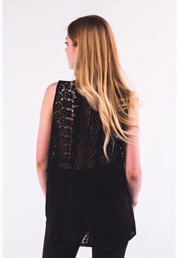 Sleeveless Vest Top with Floral Crochet Back in Black