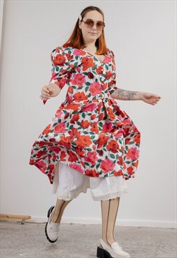 Vintage 80s Puffer Sleeve Floral Square Neck Midi Dress L