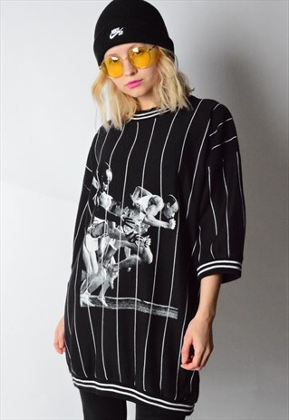 VINTAGE 80S BLACK WHITE STRIPED SHORT SLEEVE SWEATSHIRT