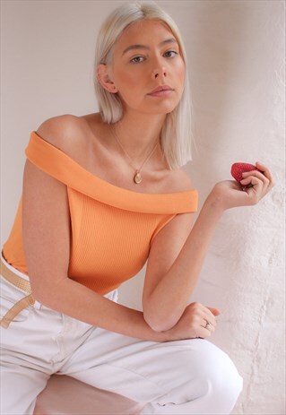 VINTAGE 90S BARDOT TOP IN ORANGE KNIT