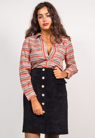 VINTAGE 90'S BLACK SUEDE DAISY BUTTON MIDI SKIRT