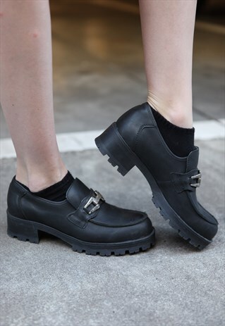 VINTAGE 90'S GRUNGE BLACK LEATHER PLATFORM HEELS