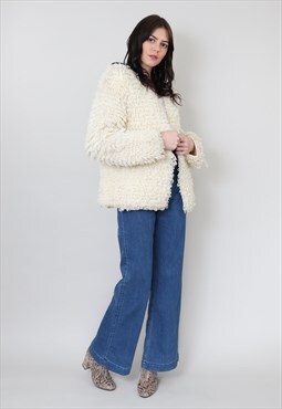 70's Vintage Ladies Cream Wool Loop Cardigan Jacket 
