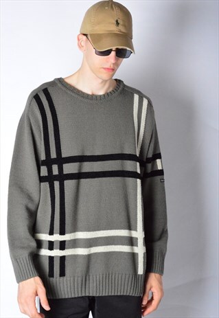 VINTAGE 90S GREY STRIPED GRUNGE WOOL BLEND JUMPER