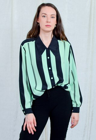 STRIPED SHIRT WOMEN VINTAGE LONG SLEEVE BLACK GREEN XL