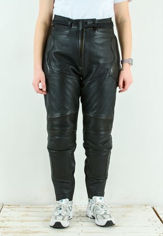 GENUINE LEATHER PANTS BLACK BIKER TROUSERS EU 42 STRAIGHT