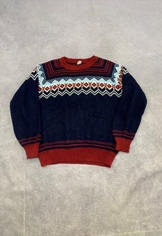 VINTAGE KNITTED JUMPER ABSTRACT PATTERNED GRANDAD SWEATER