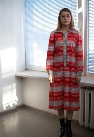 VINTAGE 80'S RED PATTERNED MIDI LONG SLEEVED DRESS