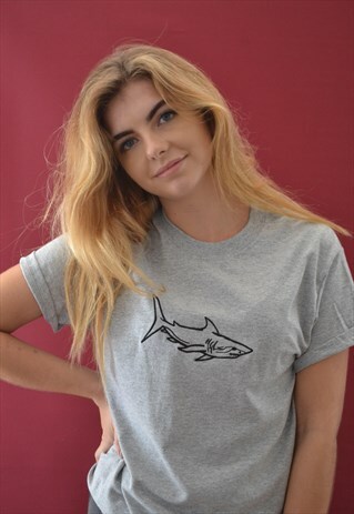 SHARK EMBROIDERED GREY T-SHIRT
