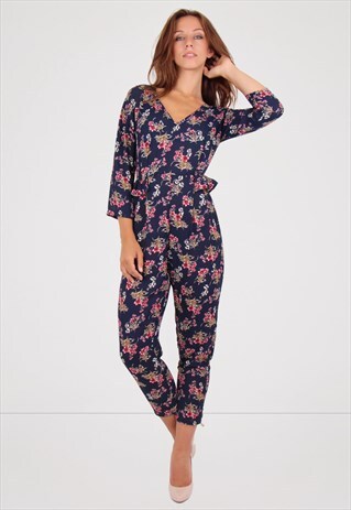 FLORAL V NECK PEPLUM WAIST JUMPSUIT