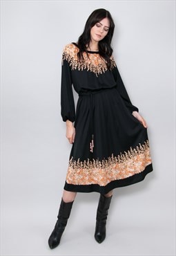 70's Vintage Dress Fink Modell Black Long Sleeve Midi