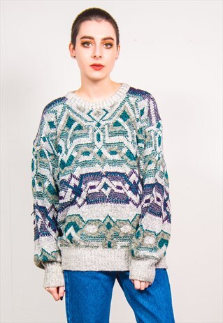 VINTAGE 90'S BLUE FAIRISLE PATTERN OVERSIZED KNIT JUMPER