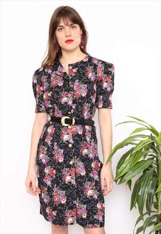VINTAGE 80S DARK FLORAL PRINT MINI DRESS