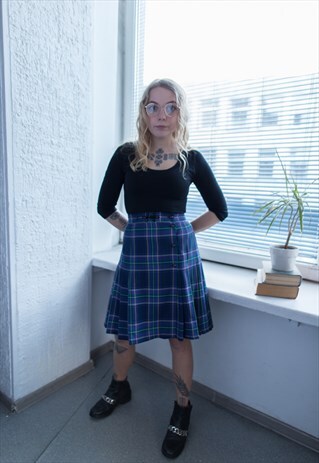 VTG 80S PURPLE/GREEN TARTAN HIGH WAISTED KILT STYLE SKIRT