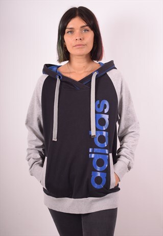 ADIDAS WOMENS VINTAGE HOODIE JUMPER LARGE BLACK 90S
