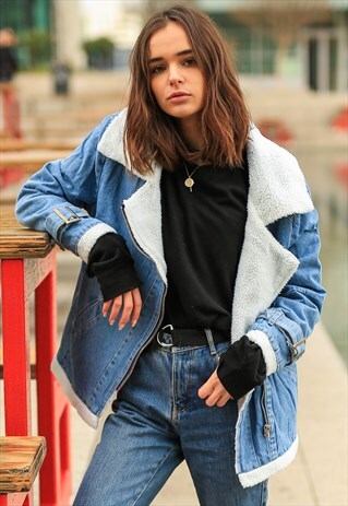 FAUX SHEARLING BIKER DENIM JACKET