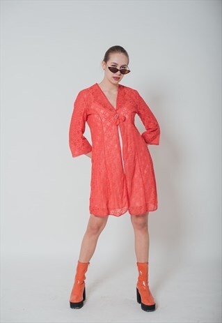 Vintage 60s Midi Lace 3/4 Sleeve Dressing Gown in Pink S