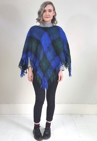 VINTAGE 70'S BLUE AND GREEN TARTAN PONCHO W/ FRINGING