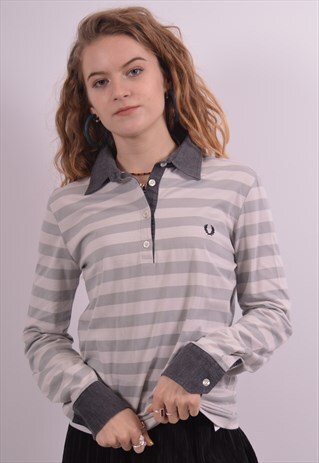 VINTAGE FRED PERRY POLO SHIRT LONG SLEEVE STRIPES GREY