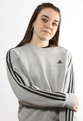 VINTAGE ADIDAS GREY SWEATER WITH 3 STRIPE SLEEVES