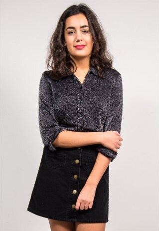 90'S VINTAGE BLACK GLITTER OPEN COLLAR BLOUSE